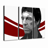 Quadro POP Art dipinto a mano AL PACINO 6 parti al6 – Visualizzazione 3D del quadro dipinto a mano su sfondo bianco. Colori dominanti: nero, rosso, bianco.