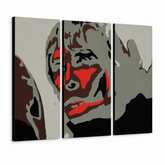 Quadro POP Art dipinto a mano BROWN APE 3 pezzi ibbrown – Visualizzazione 3D del quadro dipinto a mano su sfondo bianco. Colori dominanti: nero, rosso, grigio, marrone, bianco.
