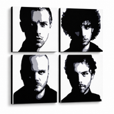 Quadro POP Art dipinto a mano Coldplay 4 pezzi cp – Visualizzazione 3D del quadro dipinto a mano su sfondo bianco. Colori dominanti: nero, bianco, grigio.