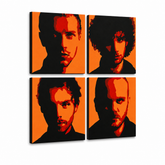 Quadro POP Art dipinto a mano Coldplay 4 pezzi cp2 – Visualizzazione 3D del quadro dipinto a mano su sfondo bianco. Colori dominanti: nero, arancione, rosso.