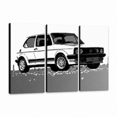 Quadro POP Art dipinto a mano GOLF 3 pezzi di golf – Visualizzazione 3D del quadro dipinto a mano su sfondo bianco. Colori dominanti: bianco, nero, grigio.