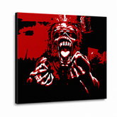 Quadro POP Art dipinto a mano Iron Maiden 1 pezzo im – Visualizzazione 3D del quadro dipinto a mano su sfondo bianco. Colori dominanti: rosso, nero, bianco.