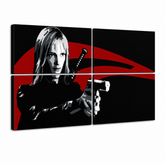 Quadro POP Art dipinto a mano Kill Bill 4 pezzi kb – Visualizzazione 3D del quadro dipinto a mano su sfondo bianco. Colori dominanti: nero, rosso, bianco.