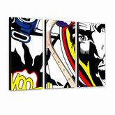 Quadro POP Art dipinto a mano LICHTENSTEIN 3 pezzi li – Visualizzazione 3D del quadro dipinto a mano su sfondo bianco. Colori dominanti: nero, giallo, rosso, blu, bianco.