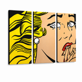 Quadro POP Art dipinto a mano LICHTENSTEIN 3 pezzi li3/x2 – Visualizzazione 3D del quadro dipinto a mano su sfondo bianco. Colori dominanti: giallo, nero, rosa.