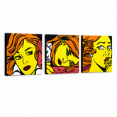 Quadro POP Art dipinto a mano LICHTENSTEIN 3 pezzi li7 – Visualizzazione 3D del quadro dipinto a mano su sfondo bianco. Colori dominanti: giallo, nero, arancione.