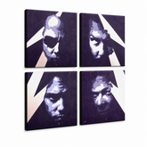 Quadro POP Art dipinto a mano METALLICA 4 pezzi in metallo – Visualizzazione 3D del quadro dipinto a mano su sfondo bianco. Colori dominanti: viola, blu, nero, beige, bianco.