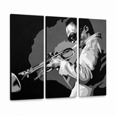 Quadro POP Art dipinto a mano Miles Davis 3 pezzi md – Visualizzazione 3D del quadro dipinto a mano su sfondo bianco. Colori dominanti: nero, bianco, grigio.