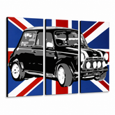 Quadro POP Art dipinto a mano MINI COOPER 3 pezzi mini2 – Visualizzazione 3D del quadro dipinto a mano su sfondo bianco. Colori dominanti: nero, blu, bianco.