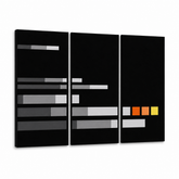 Quadro POP Art dipinto a mano NUOVO Quadro POP Art 3 parti np – Visualizzazione 3D del quadro dipinto a mano su sfondo bianco. Colori dominanti: nero, grigio, arancione, giallo, bianco.
