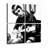 Quadro POP Art dipinto a mano Paul Weller 4 pezzi pwl – Visualizzazione 3D del quadro dipinto a mano su sfondo bianco. Colori dominanti: nero, bianco, grigio.