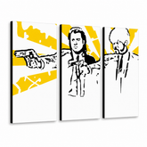 Quadro POP Art dipinto a mano Pulp fiction 3 pezzi pulp2 – Visualizzazione 3D del quadro dipinto a mano su sfondo bianco. Colori dominanti: giallo, nero, bianco.