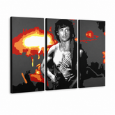 Quadro POP Art dipinto a mano Rambo 3 pezzi ram – Visualizzazione 3D del quadro dipinto a mano su sfondo bianco. Colori dominanti: nero, arancione, bianco, rosso, grigio.