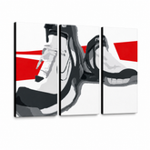 Quadro POP Art dipinto a mano Stivali Stivali 3 pezzi – Visualizzazione 3D del quadro dipinto a mano su sfondo bianco. Colori dominanti: nero, bianco, rosso.