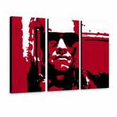 Quadro POP Art dipinto a mano Terminator 3 pezzi ter2 – Visualizzazione 3D del quadro dipinto a mano su sfondo bianco. Colori dominanti: rosso, nero, grigio.
