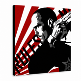 Quadro POP Art dipinto a mano THE TRANSPORTER - Courier 1 parte kur2 – Visualizzazione 3D del quadro dipinto a mano su sfondo bianco. Colori dominanti: rosso, nero, bianco.