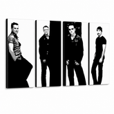 Quadro POP Art dipinto a mano U2 in nero 4 pezzi U2 – Visualizzazione 3D del quadro dipinto a mano su sfondo bianco. Colori dominanti: nero, bianco, grigio.