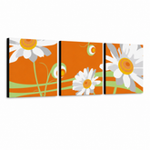 Quadro POP Art Flower dipinto a mano 3 pezzi flo6 – Visualizzazione 3D del quadro dipinto a mano su sfondo bianco. Colori dominanti: arancione, bianco, verde, giallo.