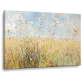 Visualizzazione 3D di un quadro con prato fiorito su tela, con telaio in legno a vista, rifinito a mano con tecnica Premium Art di Papilora.