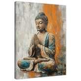 Quadro su tela con Buddha in meditazione e mani giunte, visualizzazione 3D con telaio in legno, stile zen per decorazione d'interni, Papilora Premium Art.