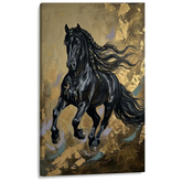 Dettaglio 3D di un quadro su tela con cavallo nero al galoppo, telaio in legno massiccio e finiture artigianali di pregio Papilora.
