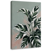 Quadro su tela con foglie tropicali e finiture 3D, visualizzazione realistica del telaio in legno, stile botanico moderno Papilora.