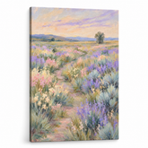 Quadro paesaggistico con prato fiorito su tela, visualizzazione 3D del telaio in legno, stile Premium Art Papilora.