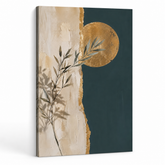 Quadro botanico ramo d'ulivo su sfondo crema con dettagli dorati, tela 3D con telaio in legno, stile moderno Premium Art di Papilora.
