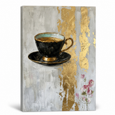 Quadro su tela con tazzina di caffè e dettagli dorati, visualizzazione 3D del telaio in legno massiccio, stile Premium Art di Papilora.