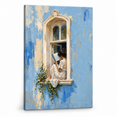 Quadro su tela di donna che legge alla finestra, visualizzazione 3D del telaio in legno, stile artistico Premium Art di Papilora.