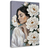 Quadro su tela di donna con fiori bianchi, visualizzazione 3D del telaio in legno, stile elegante Premium Art di Papilora.