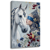 Quadro su tela con donna bendata e cavallo bianco, visualizzazione 3D del telaio in legno, stile Premium Art Papilora.