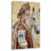 Quadro su tela Premium Art Papilora con ritratto di donna e cavallo bianco, finiture 3D fatte a mano su telaio in legno, stile elegante e senza tempo.