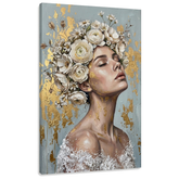 Quadro su tela ritratto donna con corona di fiori, visualizzazione 3D con telaio in legno a vista, stile Premium Art di Papilora.
