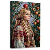 Quadro su tela di donna in costume tradizionale con mela, visualizzazione 3D del telaio in legno massiccio, stile Premium Art di Papilora.