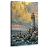 Quadro moderno su tela con faro in tempesta, visualizzazione 3D del telaio in legno di alta qualità, Papilora Premium Art.