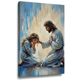 Quadro su tela Gesù che consola una donna, visualizzazione 3D con telaio in legno a vista, stile Premium Art di Papilora.