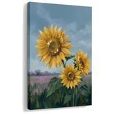 Quadro con tre girasoli su tela, visualizzazione 3D con telaio in legno a vista, stile Premium Art di Papilora.