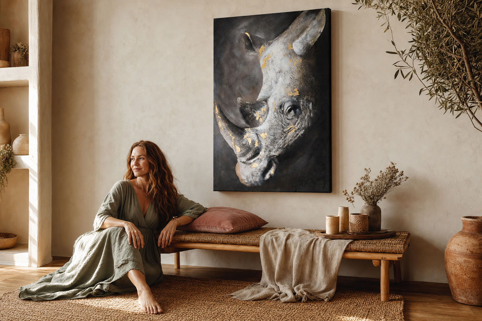 Quadro dipinto per parete RINOCERONTE 80x120 cm – quadro dipinto a mano in un interno elegante (Bohemian warm) | wall mockup | tela premium | Papilora.sk