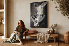 Quadro dipinto per parete RINOCERONTE 80x120 cm – quadro dipinto a mano in un interno elegante (Bohemian warm) | wall mockup | tela premium | Papilora.sk