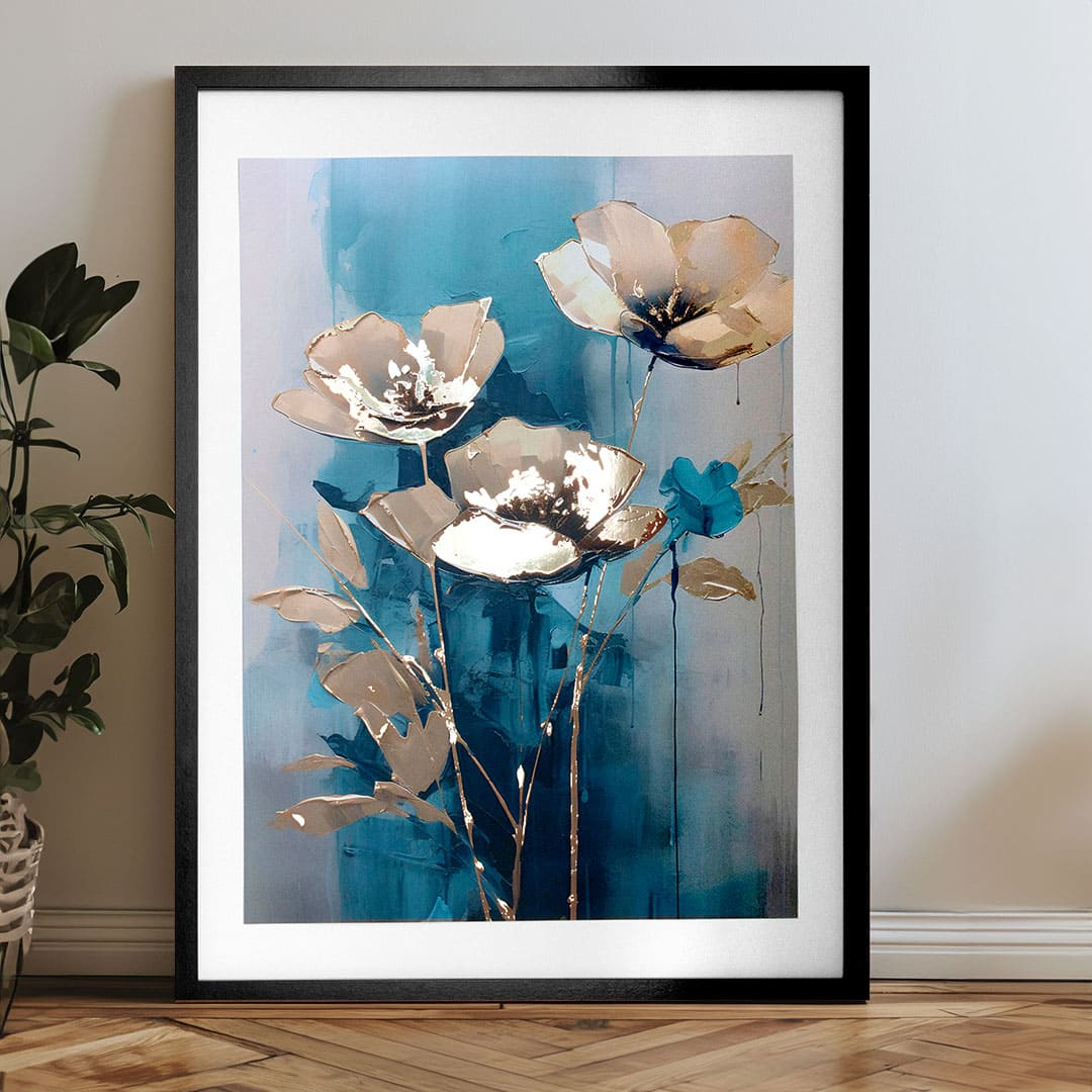 Poster da parete con effetto EXTRA - Teal Flowers | misure diverse