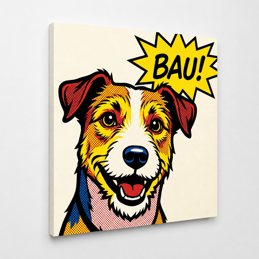 Quadro pop-art fumetto di un cane da foto su tela – ritratto dell’animale di casa con nuvoletta BAU, Papilora