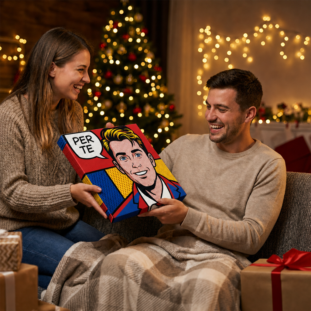 Quadro pop-art fumetto da foto come regalo di Natale – coppia con tela pop-art e nuvoletta PER TE, Papilora