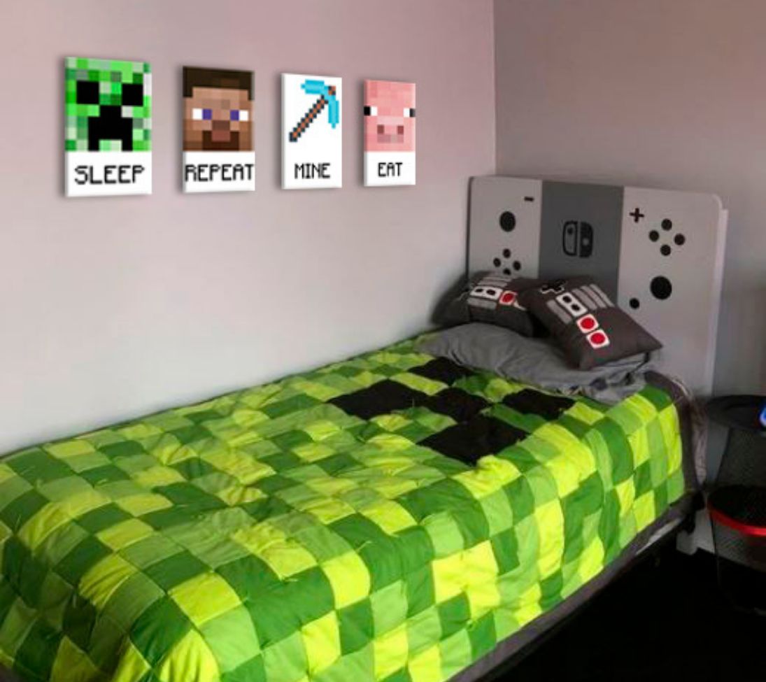 Pittura Minecraft - Personaggi in primo piano su tela - EAT, SLEEP, MINE, REPEAT Sconto 60% 80x30 cm