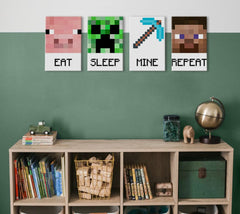Pittura Minecraft - Personaggi in primo piano su tela - EAT, SLEEP, MINE, REPEAT Sconto 60% 80x30 cm