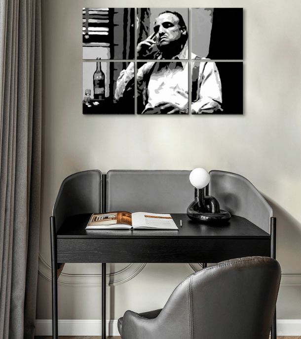 I più grandi mafiosi su tela THE GODFATHER - VITO CORLEONE con una bottiglia di scotch 120x80 cm