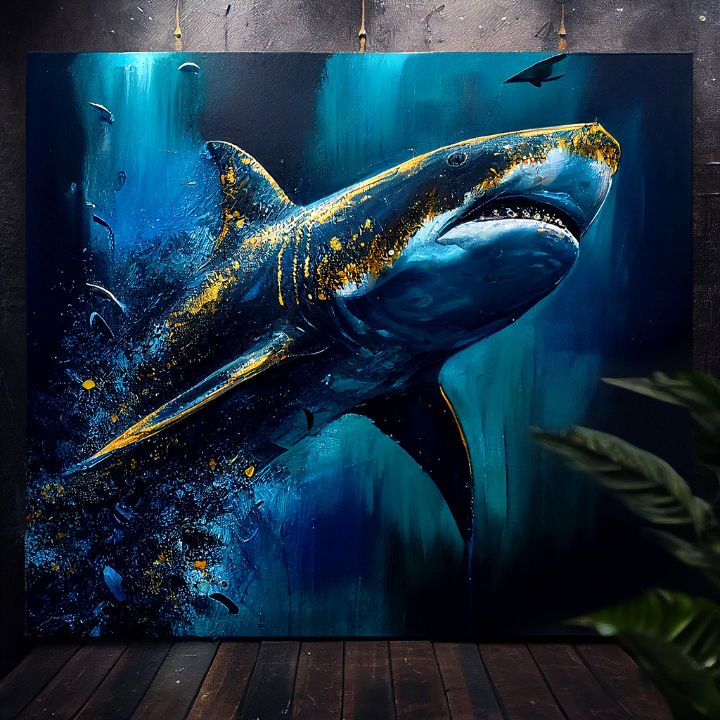 Pittura decorativa su tela - PREMIUM ART - Shark Force in Dark Water