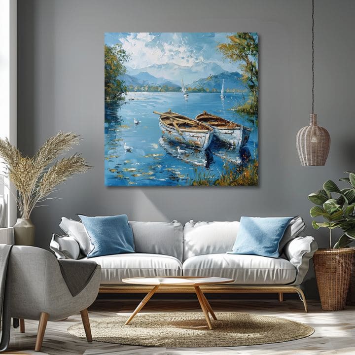 Paesaggio su tela Paesaggio con barche | rifinito a mano dall'artista