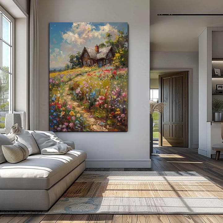 Dipinto su tela Cottage in un campo di fiori | Dettagli in acrilico