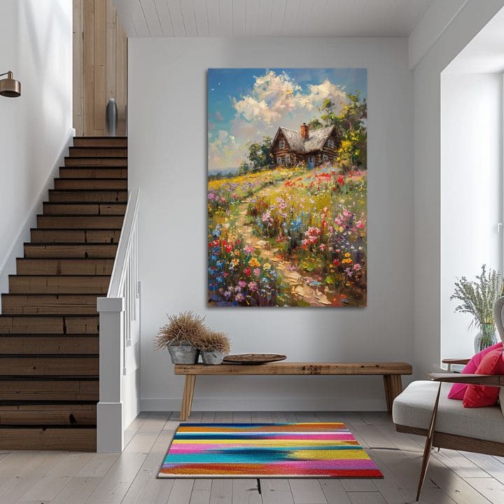 Dipinto su tela Cottage in un campo di fiori | Dettagli in acrilico